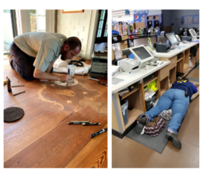 <p>  <img src="White-Collage-Travel-Blog-Facebook-Post-300x251.png" alt="Owner Ben Suer working hard at installing custom coat of arms pattern in floor on left, while big box employee sleeps on floor behind counter.">
  Off-duty guide dogs often wear ...
</p>